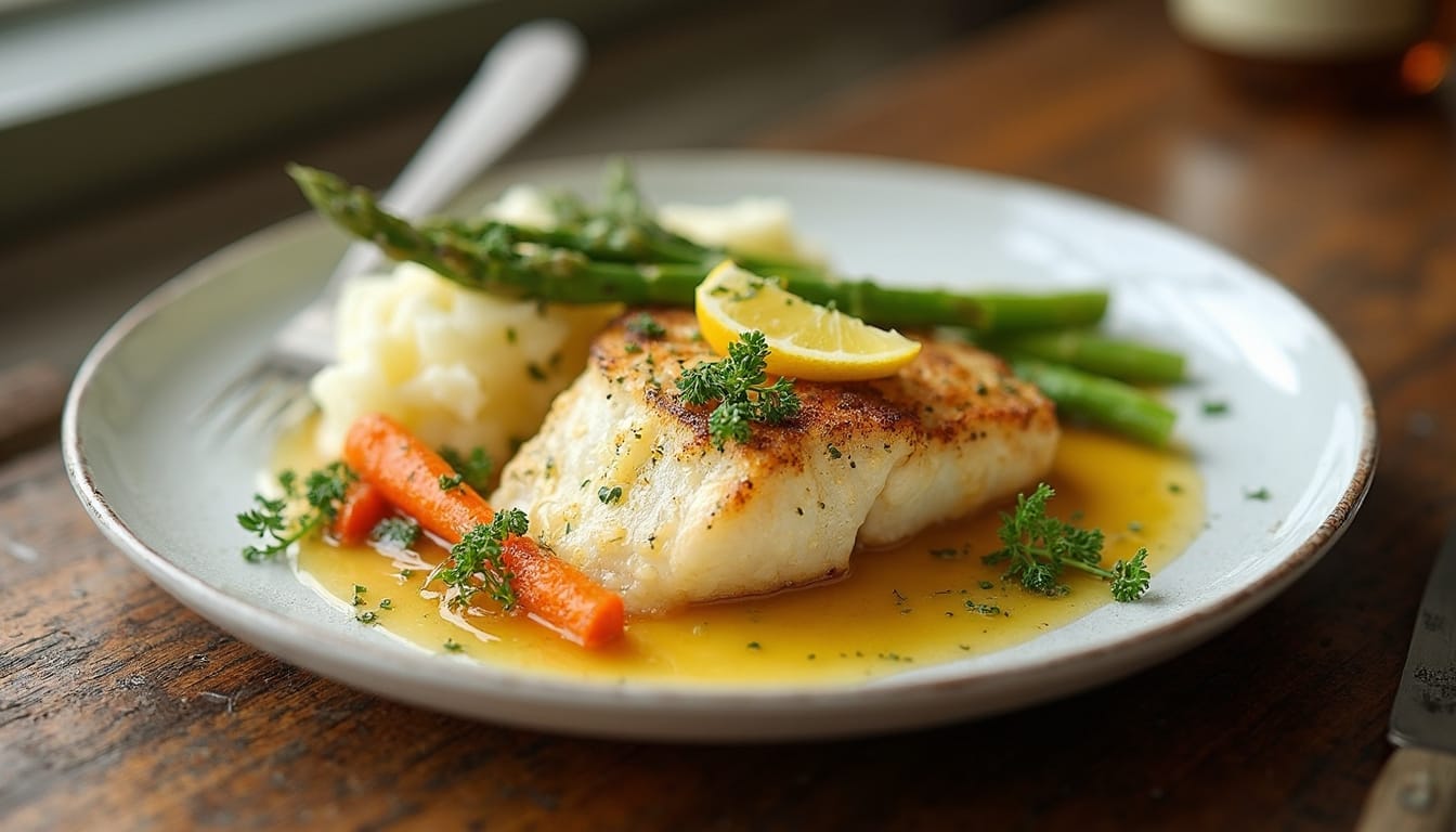 A gourmet presentation of Dover Sole in a lemon-butter sauce, paired with seasonal vegetables and creamy mashed potatoes.