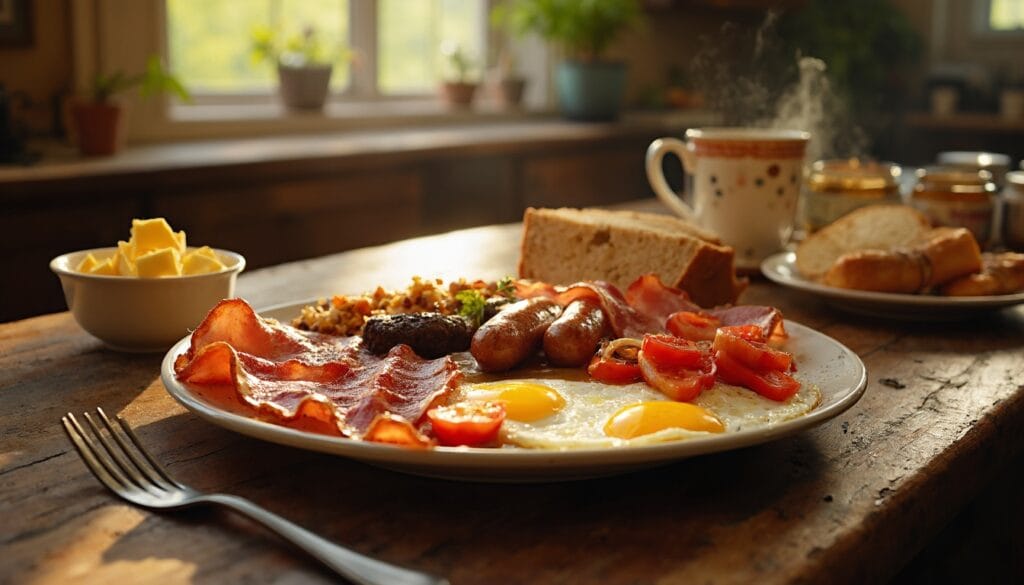A hearty Irish breakfast featuring fried eggs, crispy bacon, sausages, baked beans, grilled tomatoes, and toasted bread, served with a cup of tea.