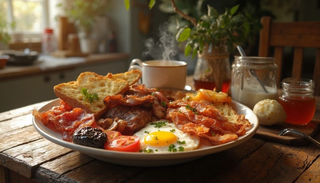 A rustic Irish breakfast plate with sunny-side-up eggs, bacon, black pudding, sausages, and fresh toast, accompanied by tea and jars of honey.