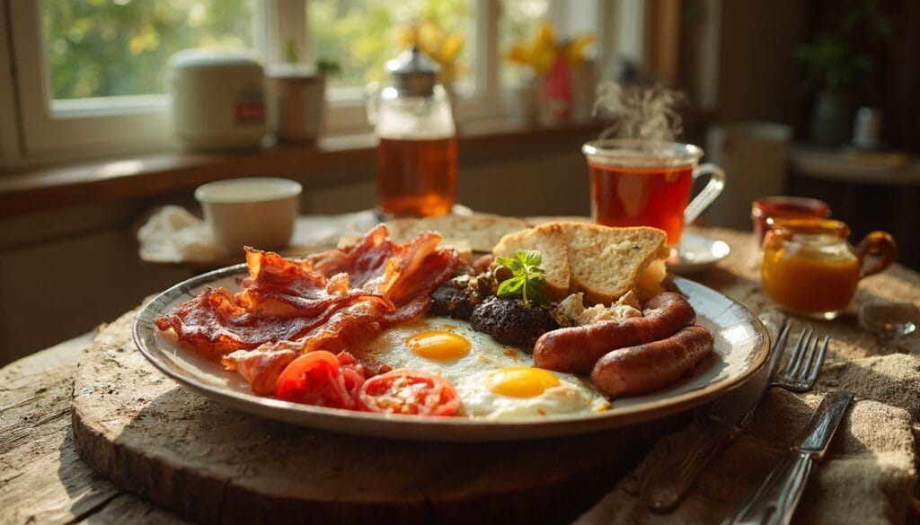 A traditional Irish breakfast spread with fried eggs, bacon, black pudding, sausages, and grilled tomatoes, paired with a steaming cup of tea.