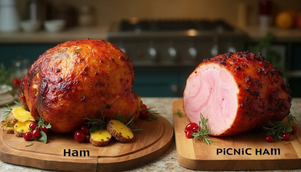 Close-up of a glazed ham and a sliced picnic ham on wooden boards labeled with their respective names.