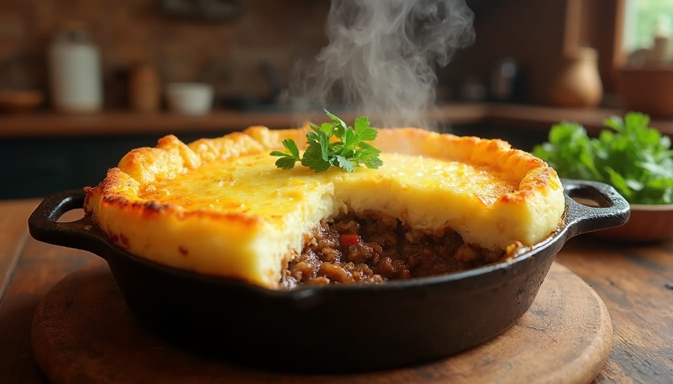A steaming shepherd's pie with golden mashed potato crust and a sprig of parsley on top.