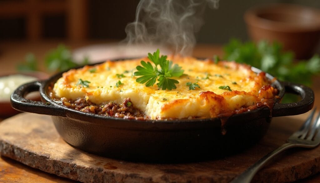 Shepherd's pie served in a black skillet with steam rising from the golden topping.