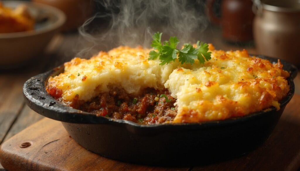 A close-up of a slice taken from a shepherd's pie, revealing the rich meat filling.