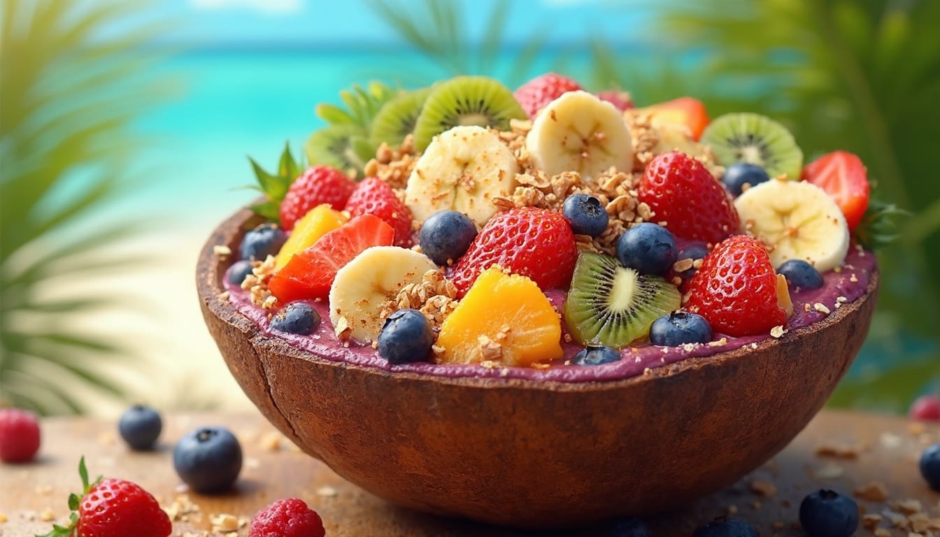 Tropical acai bowl served in a coconut shell, topped with fresh fruits like strawberries, kiwi, and pineapple.