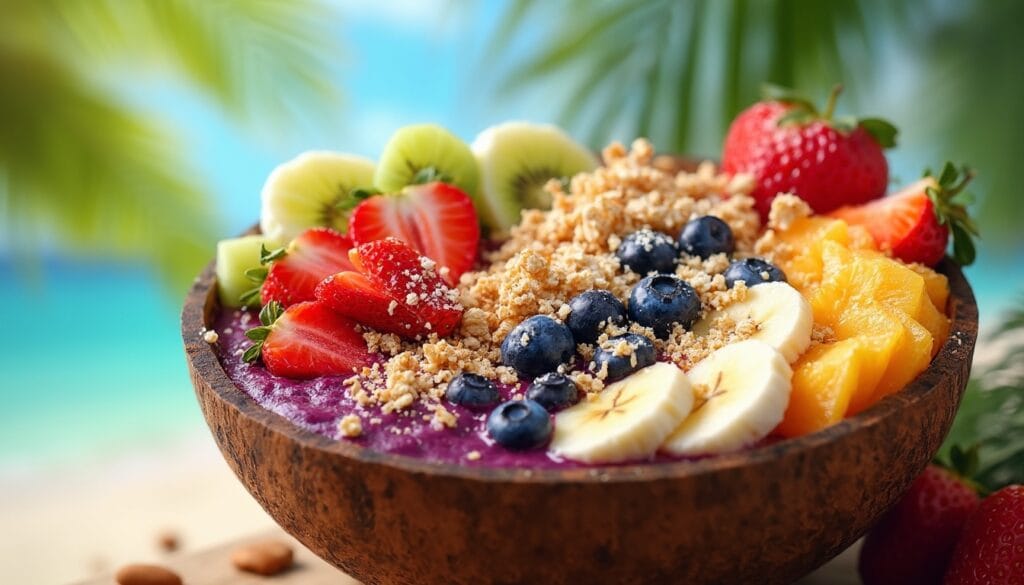 A vibrant acai smoothie bowl with mango slices, blueberries, and granola, set against a beach backdrop.
