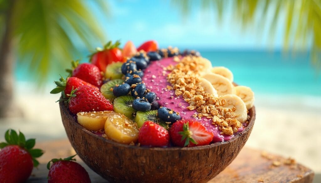 Exotic acai bowl with a mix of tropical fruits and granola, placed on a wooden table by the sea.