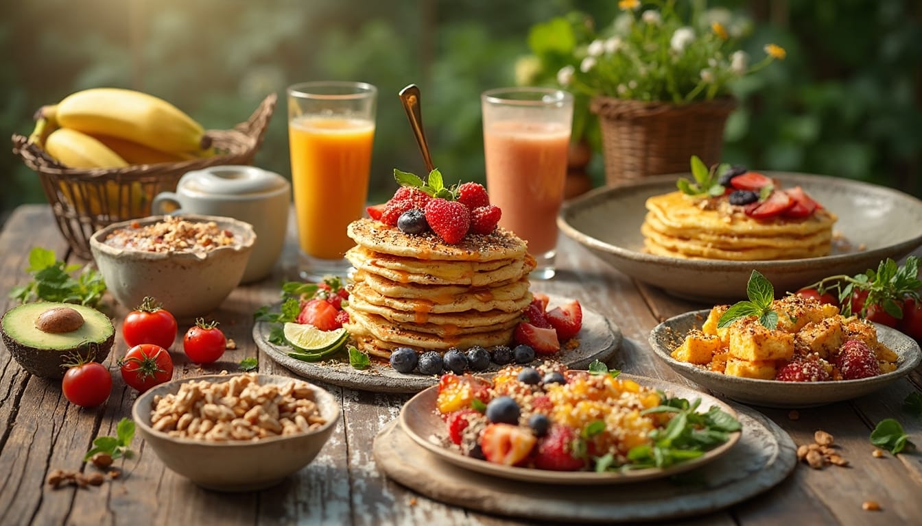 A table set with a variety of colorful vegan breakfast dishes, including pancakes, fresh fruits, and smoothies.