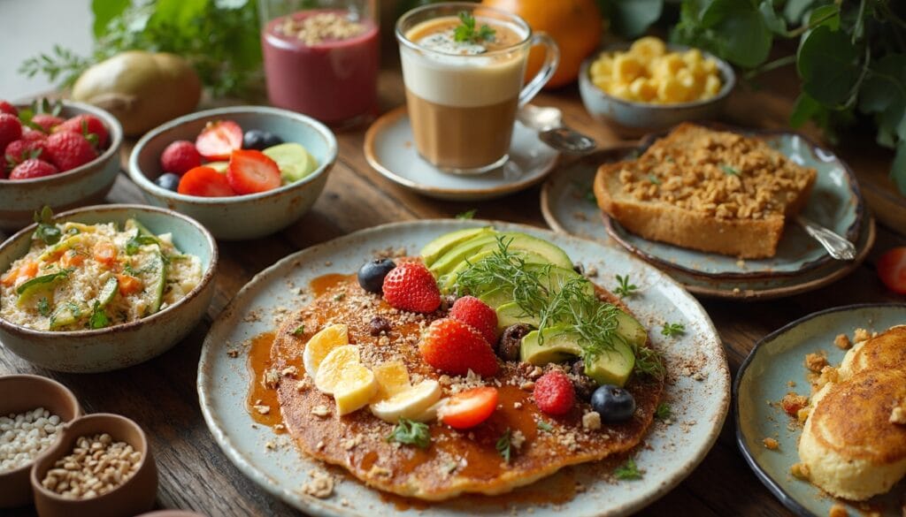 A wholesome vegan breakfast with avocado-topped pancakes, fruit bowls, toast, and a frothy latte on a rustic wooden table.