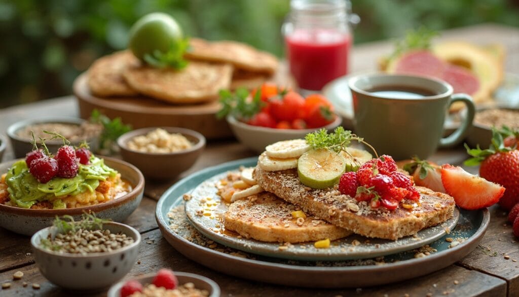 A vegan breakfast table with French toast topped with bananas and berries, avocado mash, fresh fruit bowls, and coffee in a cozy setting.