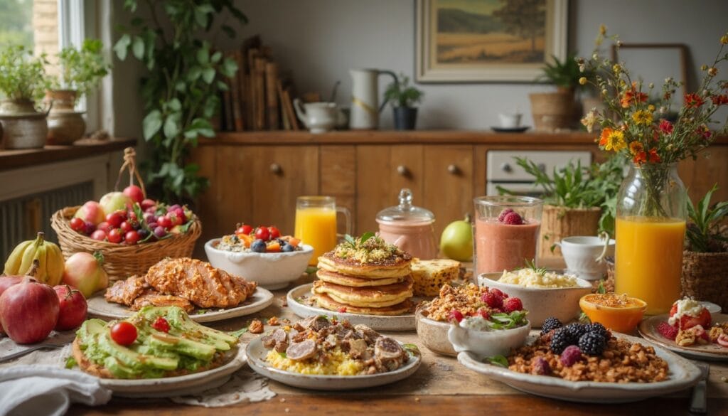 A rustic table spread with an assortment of vegan breakfast options, including pancakes, fresh fruits, granola bowls, juices, and avocado toast.