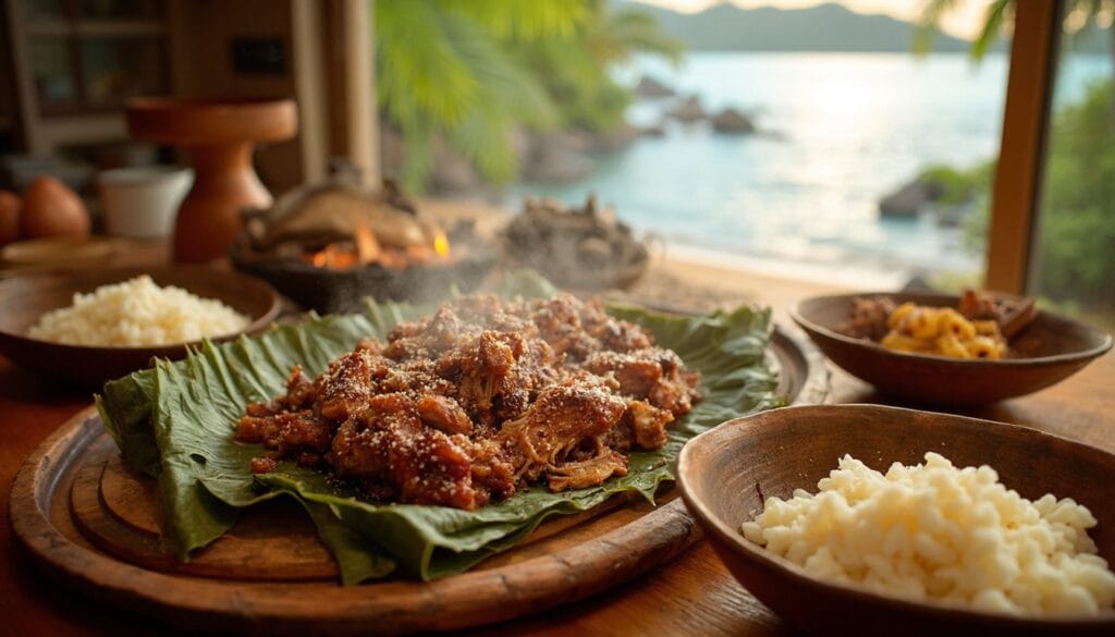 Kalua pork with side dishes in a rustic kitchen overlooking the ocean.