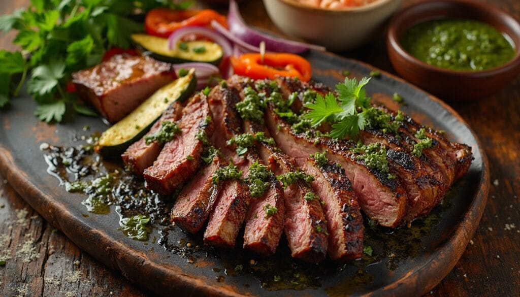 Grilled beef flap steak slices on a rustic plate with chimichurri, fresh herbs, and grilled vegetables.