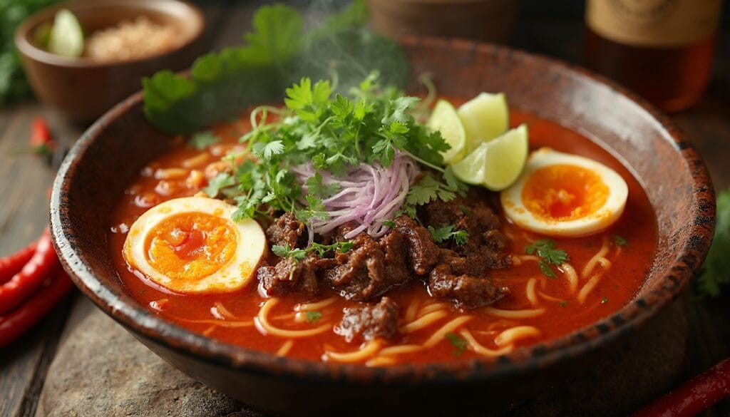 Close-up of Birria Ramen with a vibrant red broth, soft-boiled eggs, and shredded beef topped with fresh herbs.