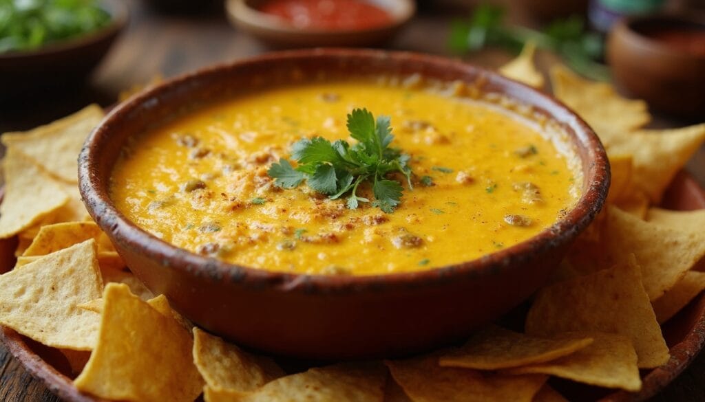 A vibrant bowl of chile con queso with cheese and herb garnish, complemented by crispy tortilla chips.