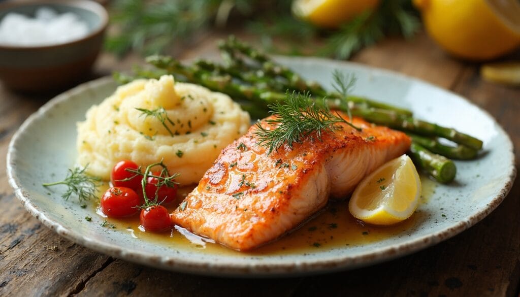 Deliciously cooked Coho salmon with creamy mashed potatoes and fresh asparagus.