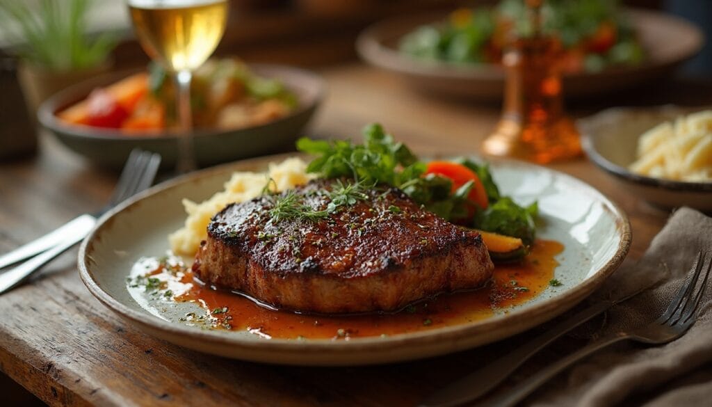 Elegant dinner setting featuring a plate of flap meat with gravy, vegetables, and a glass of wine.