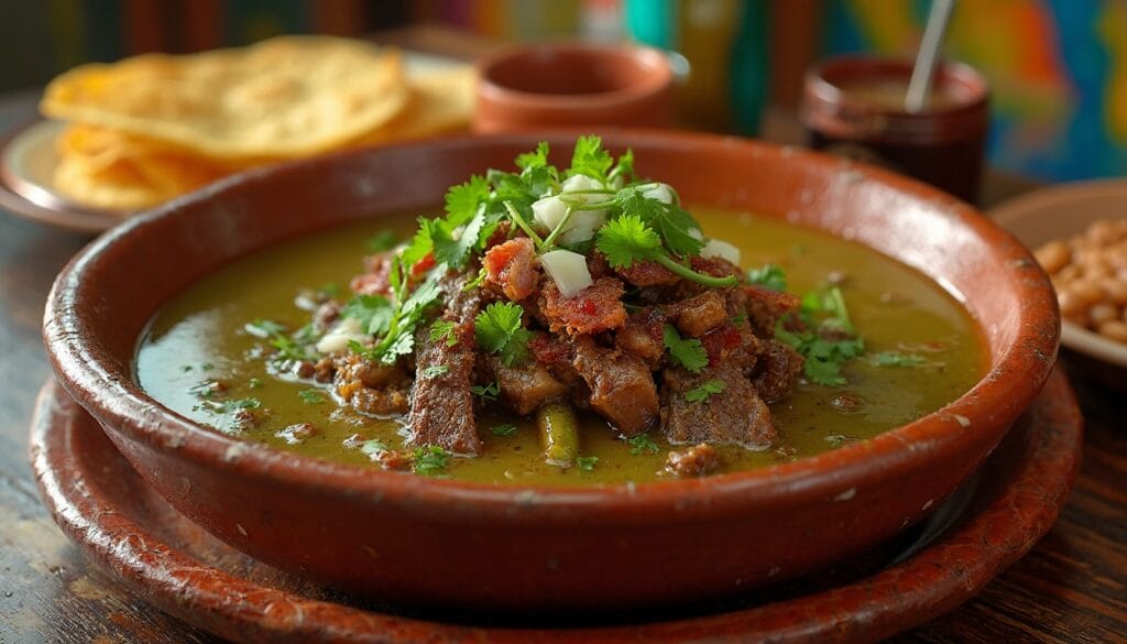 Authentic Carne en su Jugo in a vibrant clay dish, paired with side dishes of beans and crispy tortilla chips.