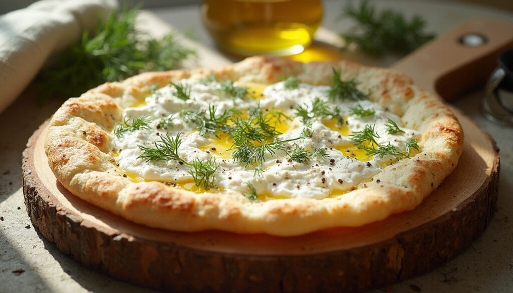 "Rustic flatbread with a creamy cottage cheese spread and sprinkled with fresh herbs."