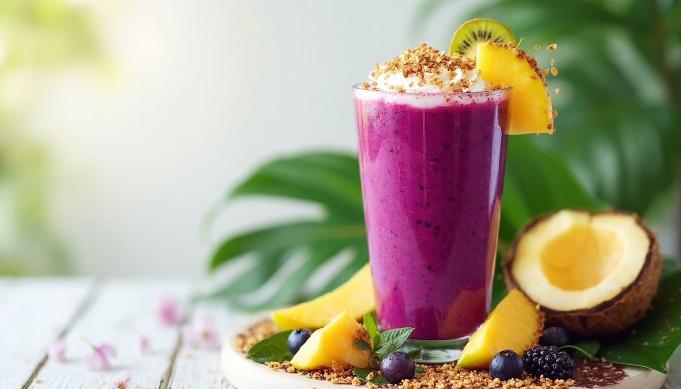A vibrant purple smoothie served in a tall glass, garnished with whipped cream, pineapple slices, kiwi, and granola, set against a tropical background.