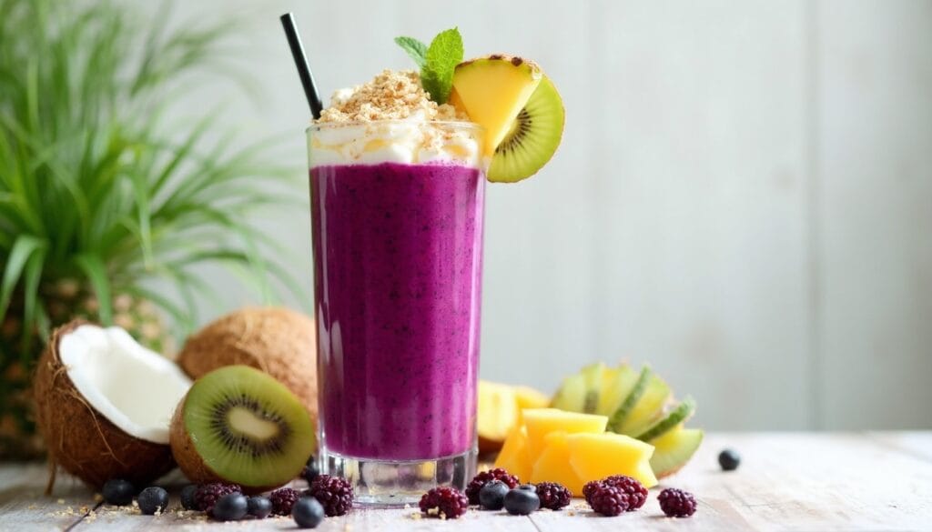A refreshing purple acai smoothie in a glass, topped with granola, whipped cream, and garnished with pineapple, kiwi, and fresh mint leaves.