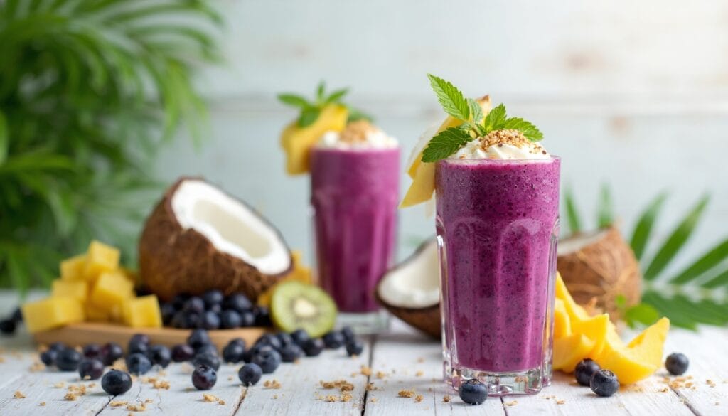 Two tall glasses of acai smoothie topped with whipped cream and tropical fruit slices, surrounded by coconuts, blueberries, and mango chunks.