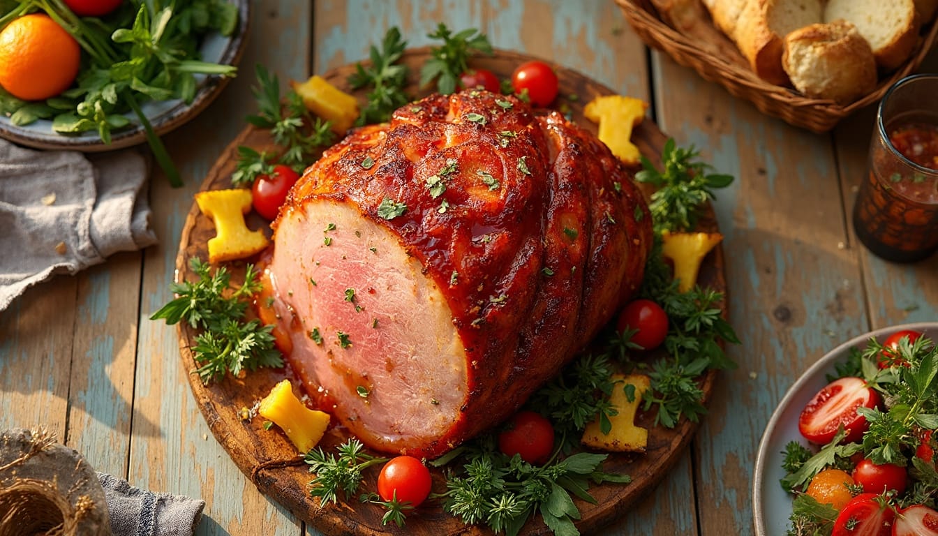 Sliced picnic ham with a caramelized crust, surrounded by vibrant greens, tomatoes, and pineapple chunks.