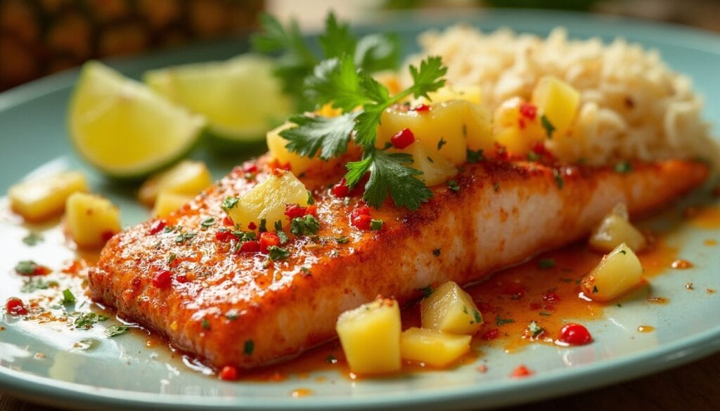 Spicy salmon fillet topped with pineapple salsa on a blue plate.