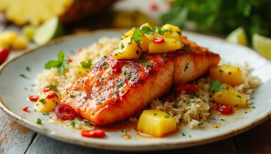 Pineapple chili salmon over a bed of rice on a rustic table.