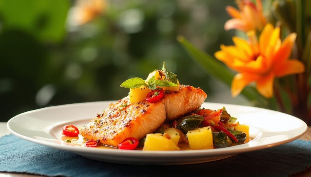 Grilled salmon with pineapple chunks and chili served with a garnish.
