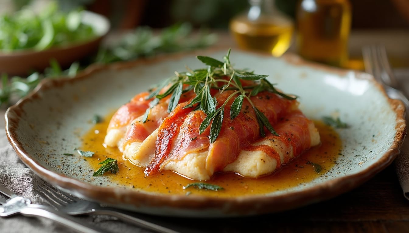 Close-up of saltimbocca rolls served with green beans, roasted potatoes, and a savory sauce.