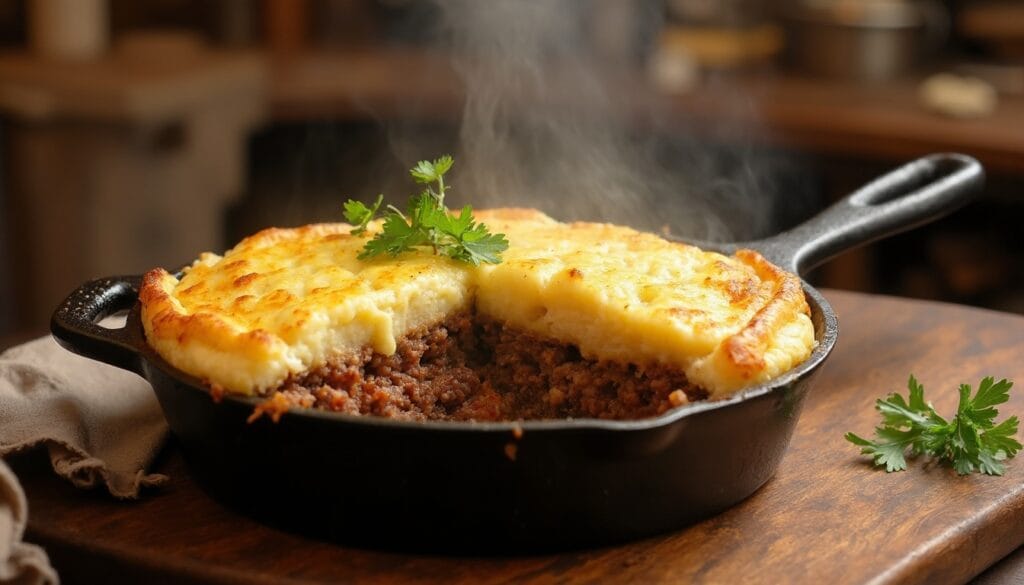 Traditional shepherd's pie with mashed potatoes and savory minced meat filling.