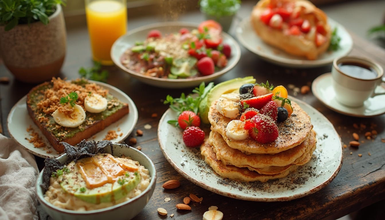 A vibrant vegan breakfast spread with pancakes topped with fruits, avocado toast, oatmeal, and a smoothie bowl on a wooden table
