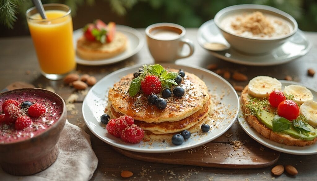 A colorful breakfast setup featuring vegan pancakes, avocado toast, a berry smoothie bowl, and a glass of orange juice.
