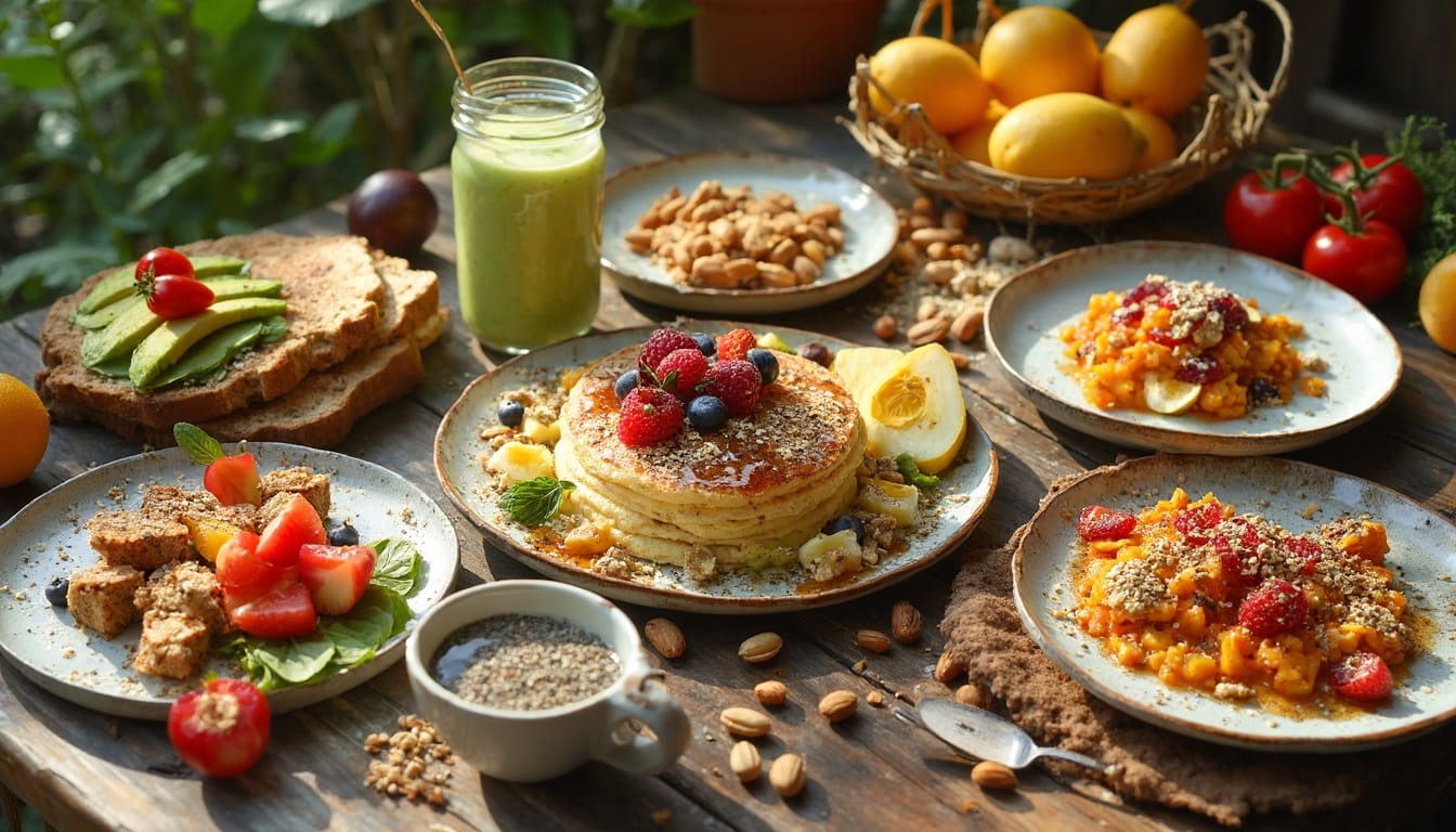 A colorful vegan breakfast spread featuring pancakes with berries, avocado toast, fresh fruits, nuts, and a green smoothie on a rustic table.