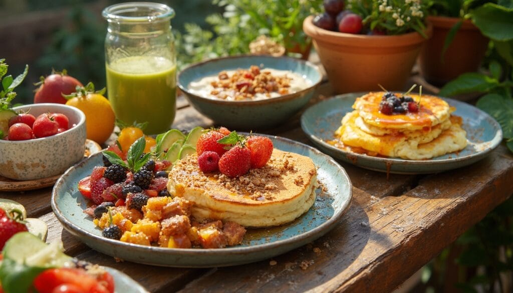 A beautifully arranged vegan breakfast spread featuring pancakes topped with fresh berries, a green smoothie, and bowls of fresh fruits and granola on a rustic wooden table.
