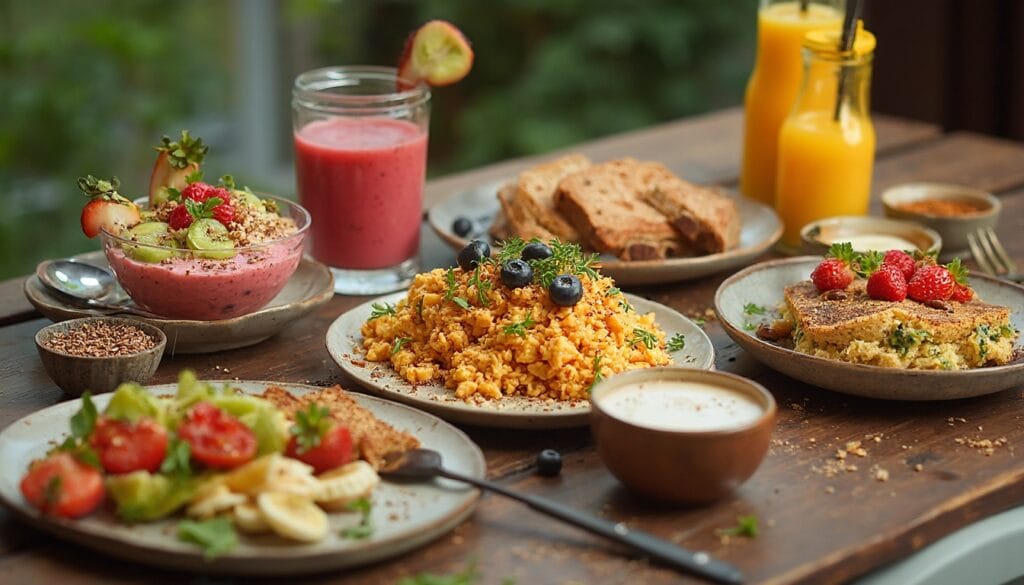 A colorful vegan breakfast display with tofu scramble, smoothie bowls, toast, and fresh fruit, arranged on a wooden table with natural lighting.