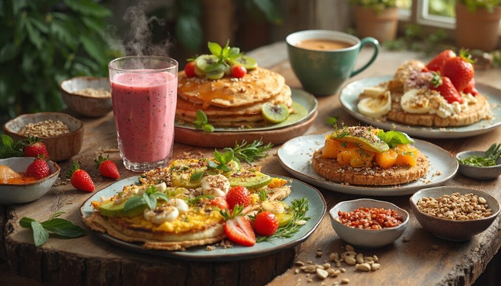 A cozy vegan breakfast setting with pancakes, smoothie, fruit-topped waffles, and bowls of granola and fresh fruit, styled on a wooden table.