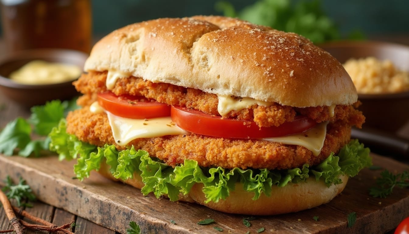 A chicken cutlet sandwich with crunchy lettuce, sliced tomatoes, and creamy dressing on a sesame bun.