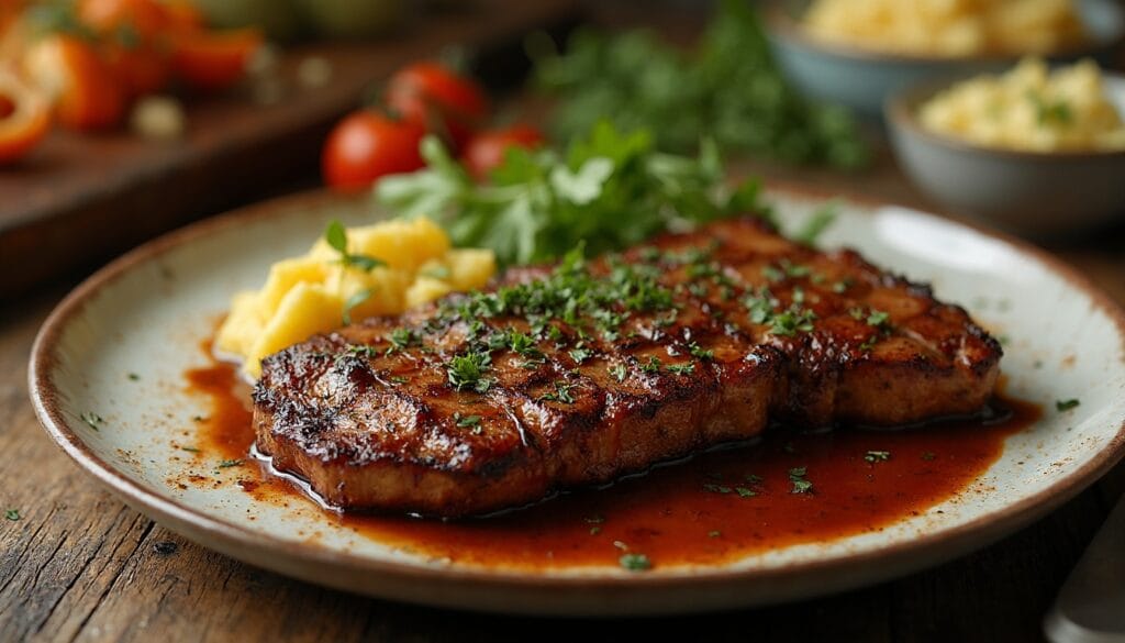 Seared flap meat steak with a savory sauce and vibrant vegetable medley.