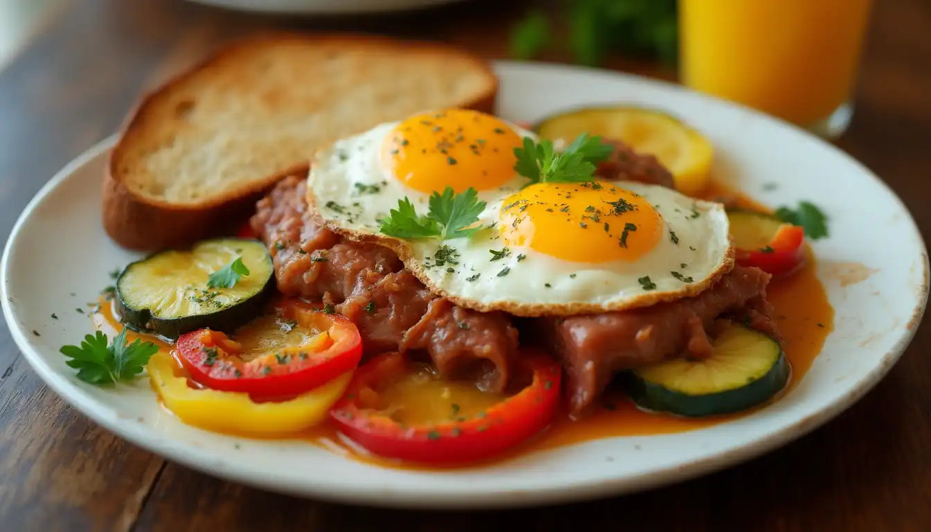 Plate of canned corned beef with sunny-side-up eggs, zucchini, and bell peppers, served alongside toasted bread.